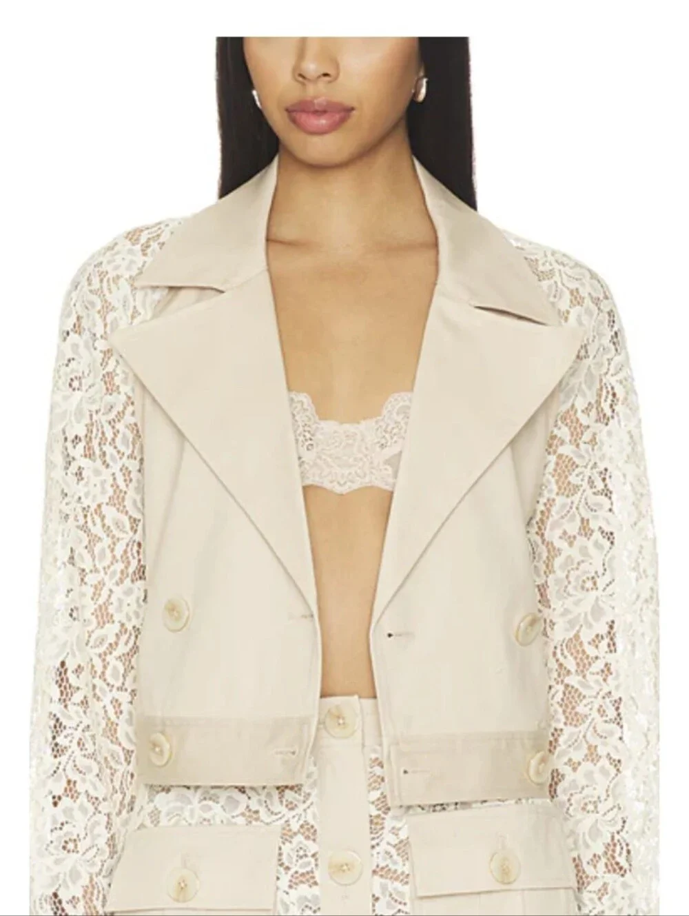 L'AGENCE Novelle Lace-Sleeve Cropped Trench Jacket Small Biscuit/Beige, Cream